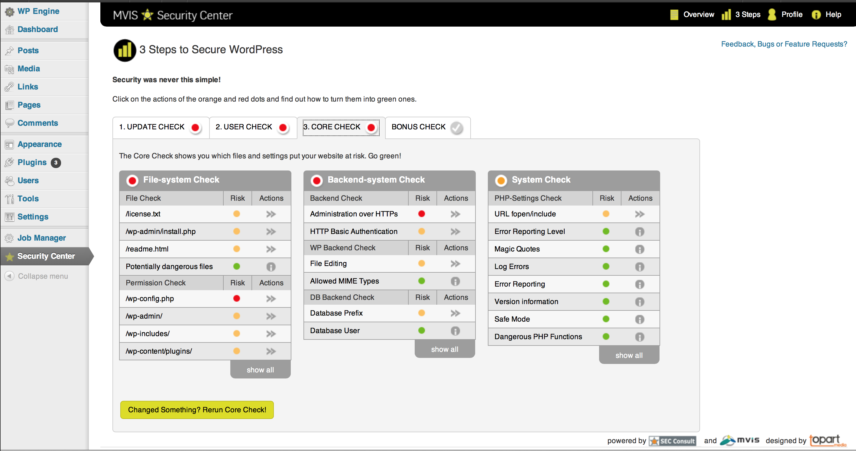 The core check step shows which files and settings might put your website at risk and are configured insecurely.