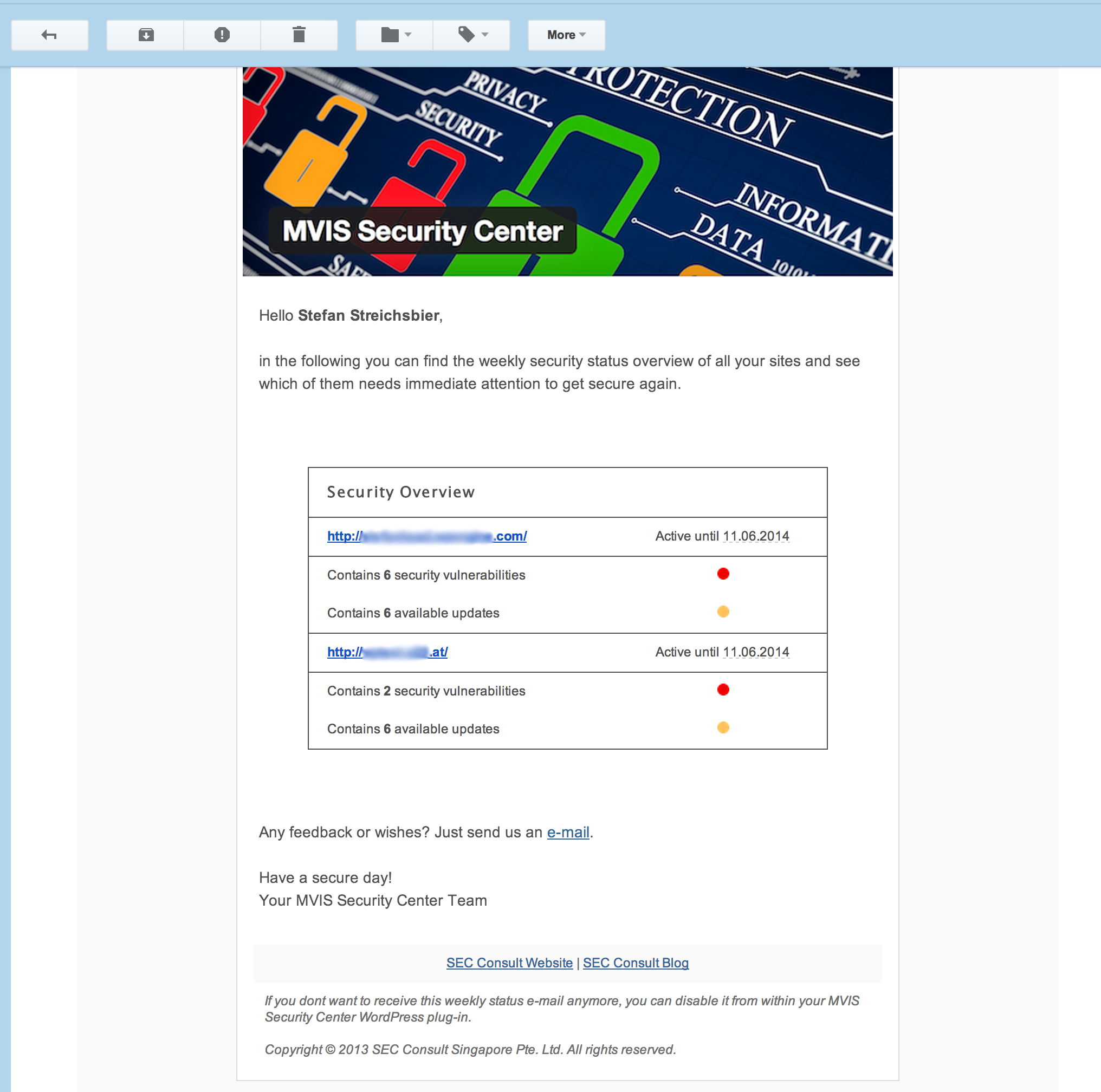Subscribed users conveniently receive weekly status e-mails for all their active sites summarizing available updates and known vulnerabilties.