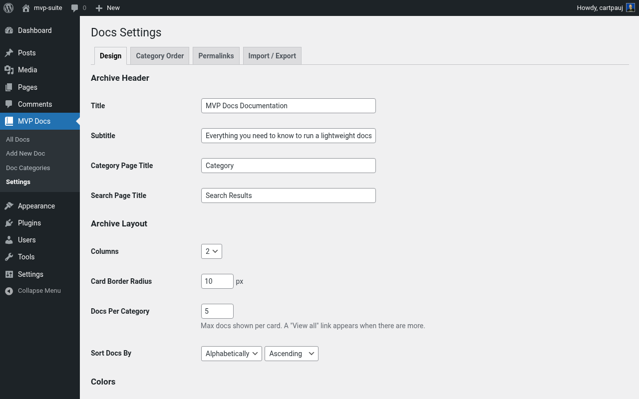 Settings — Design tab