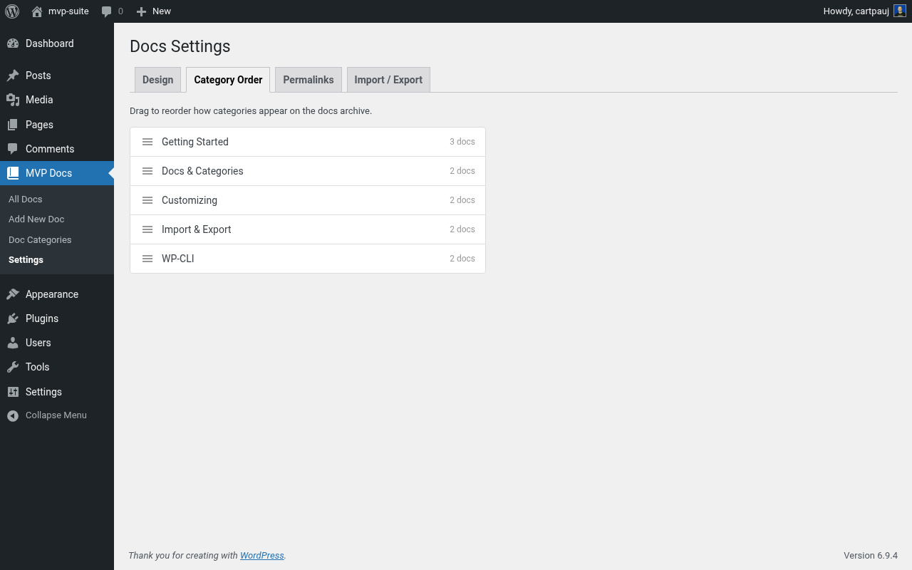 Settings — Category Order (drag and drop)