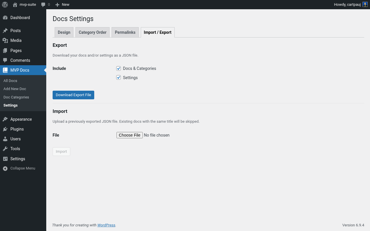 Settings — Import / Export