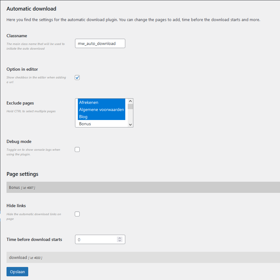 The backend settings for the auto download plugin.