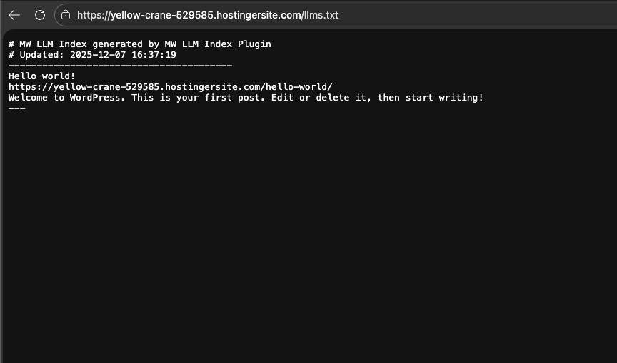 Example of generated llms.txt file with post titles and URLs