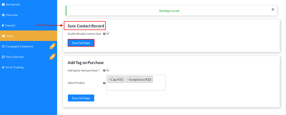 **Add Contact on Ontraport** - Enable the Sync Contact Record for contact syncing on Ontraport CRM