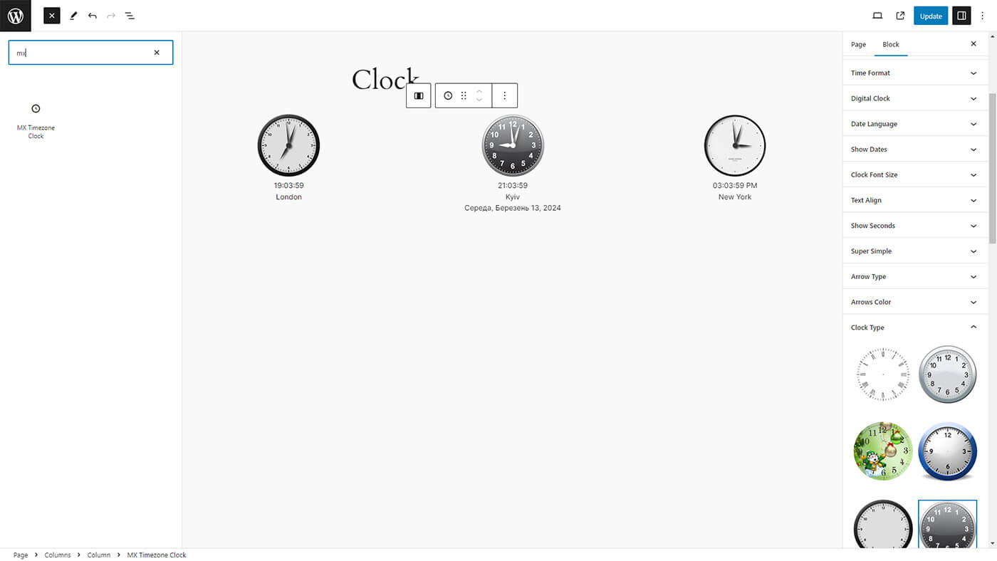 "MX Timezone Clock" Gutenberg block