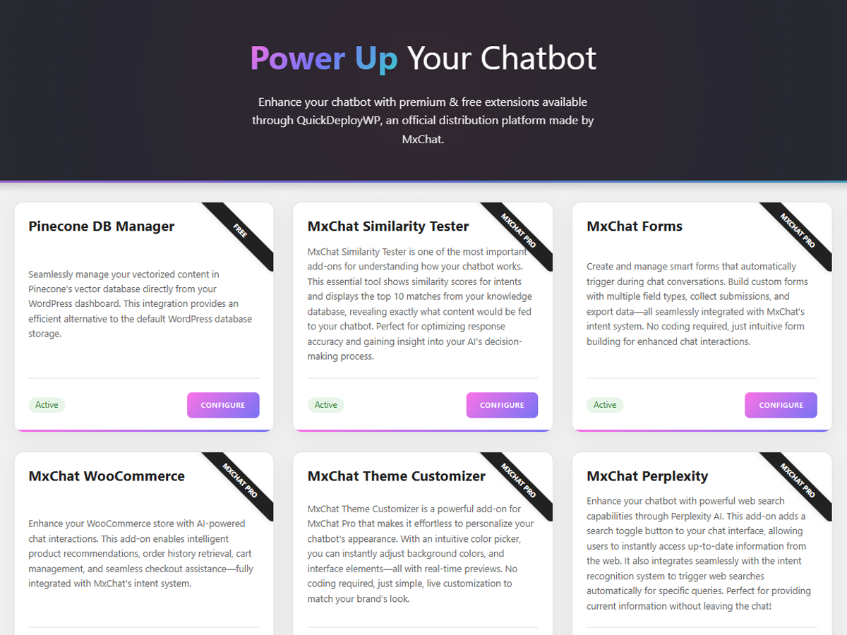 **Add-ons Page** - Extend MxChat’s functionality with add-ons to customize your needs.