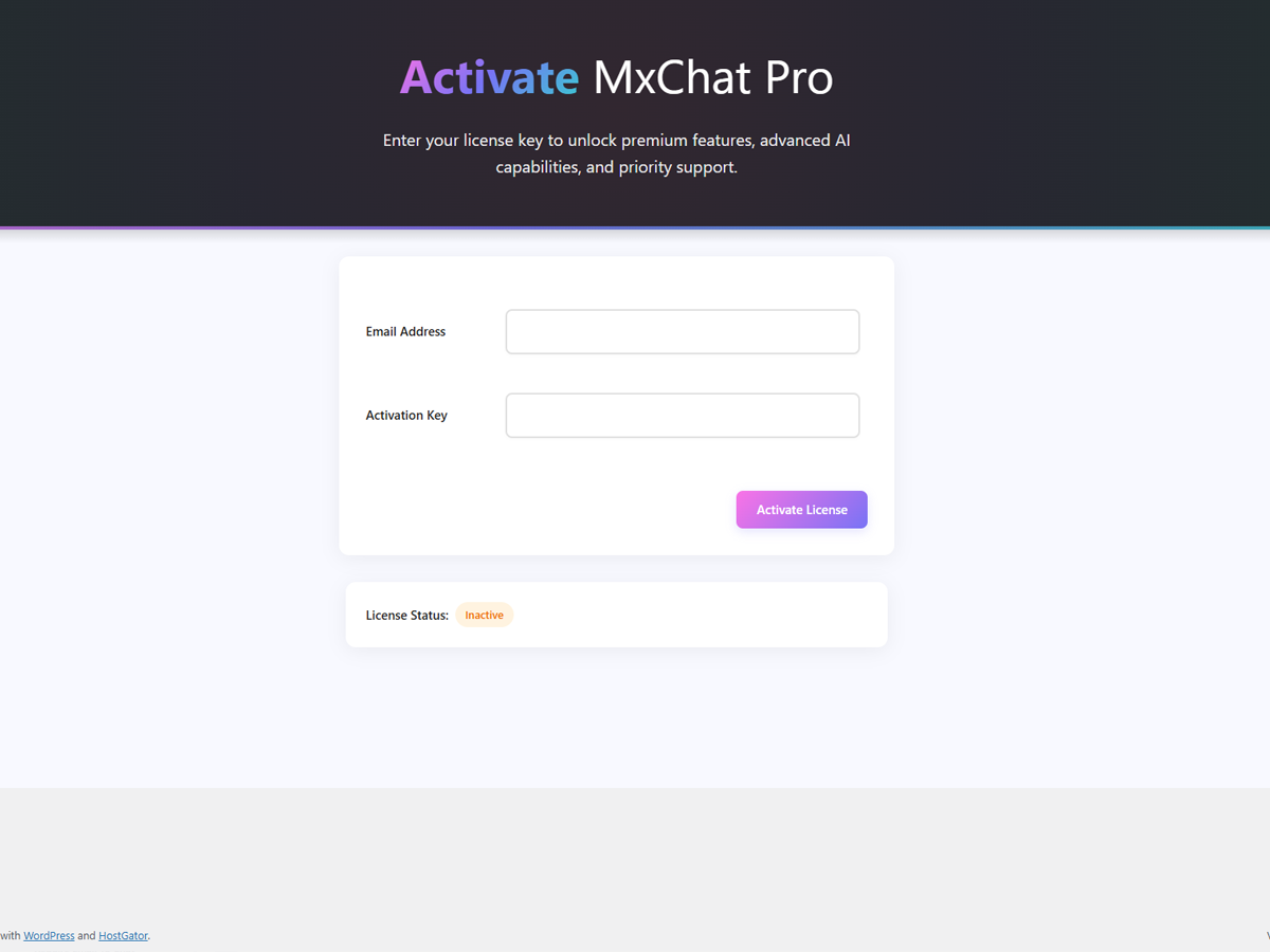 **Activation Page** - Easily upgrade to MxChat Pro by entering your activation key. Unlock advanced features like theme customization directly from the MxChat settings page.