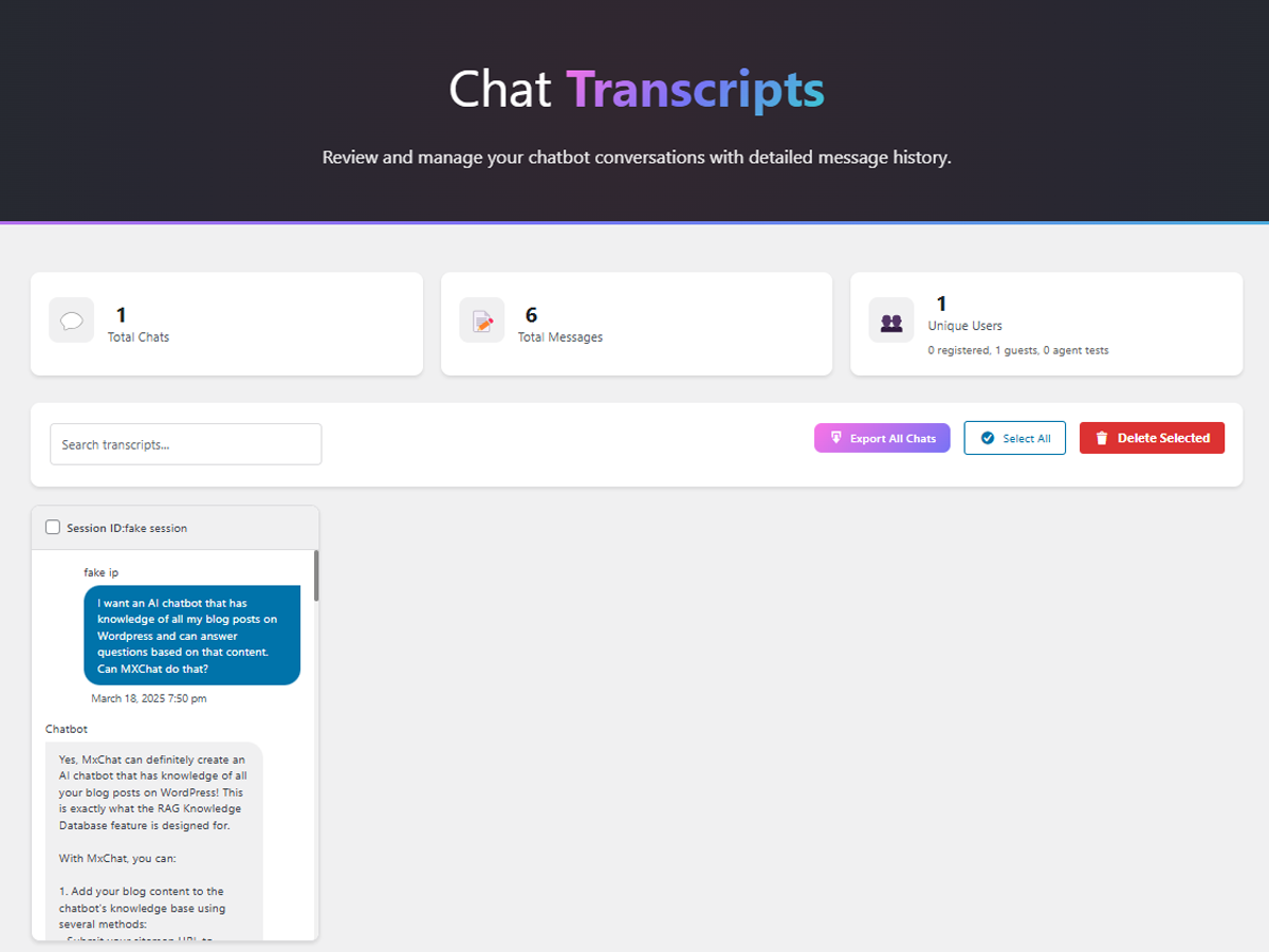 **Chat Transcripts** - Review and analyze conversations to refine your AI chatbot.