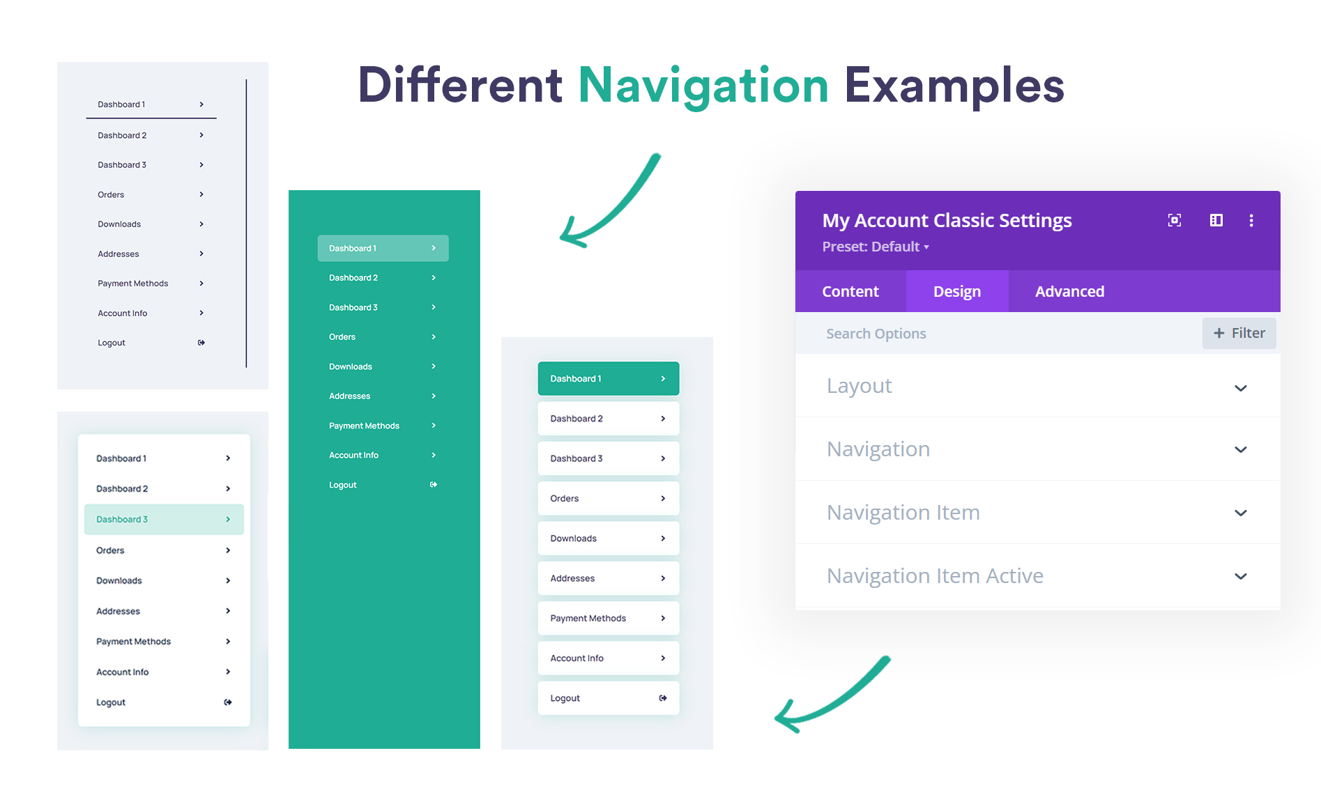 My Account Page navigation style examples.