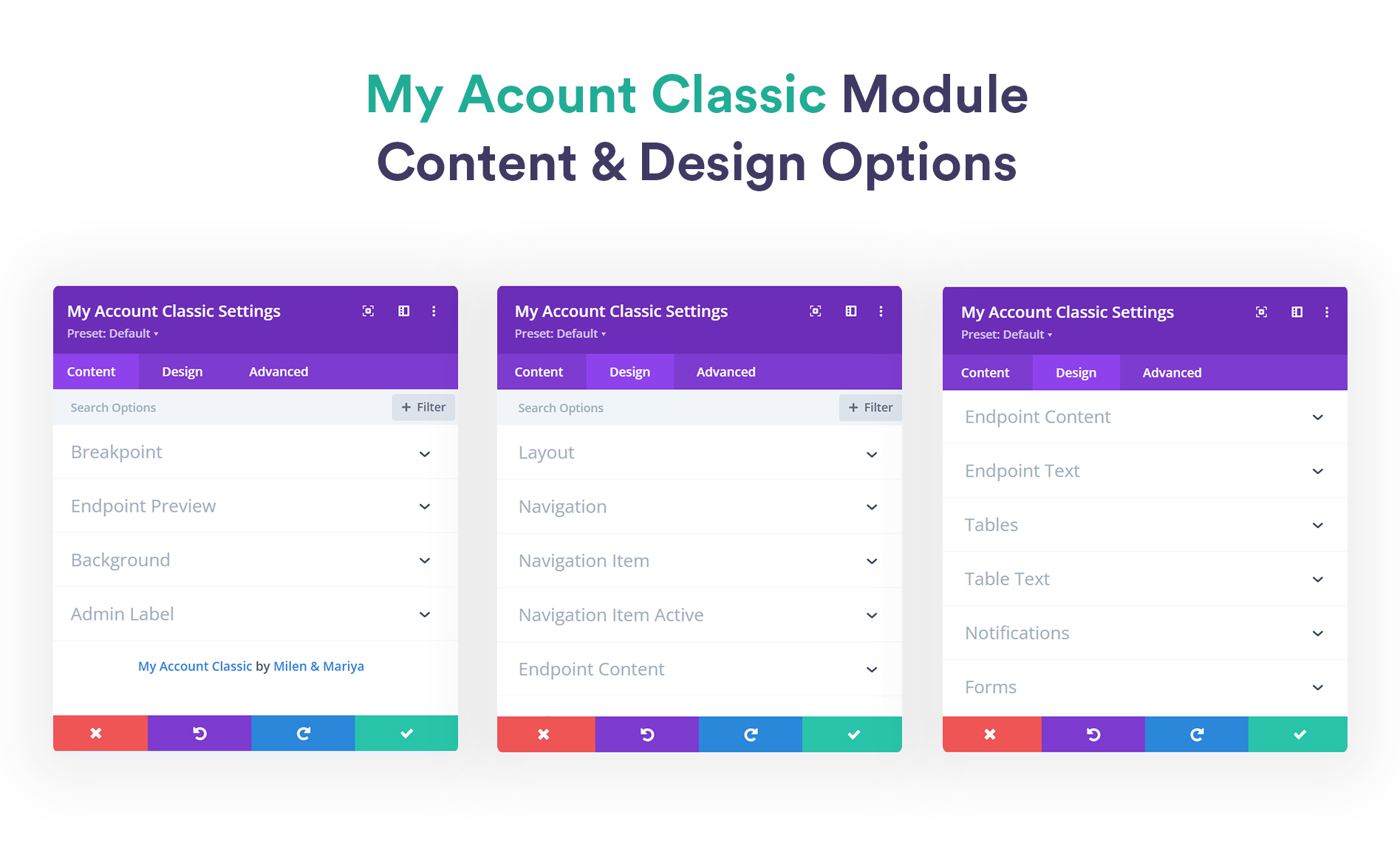 "My Account Classic" module design options.