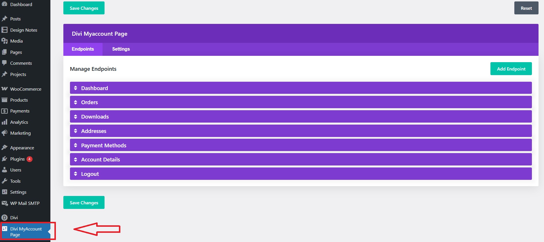 Divi MyAccount Page settings screen.