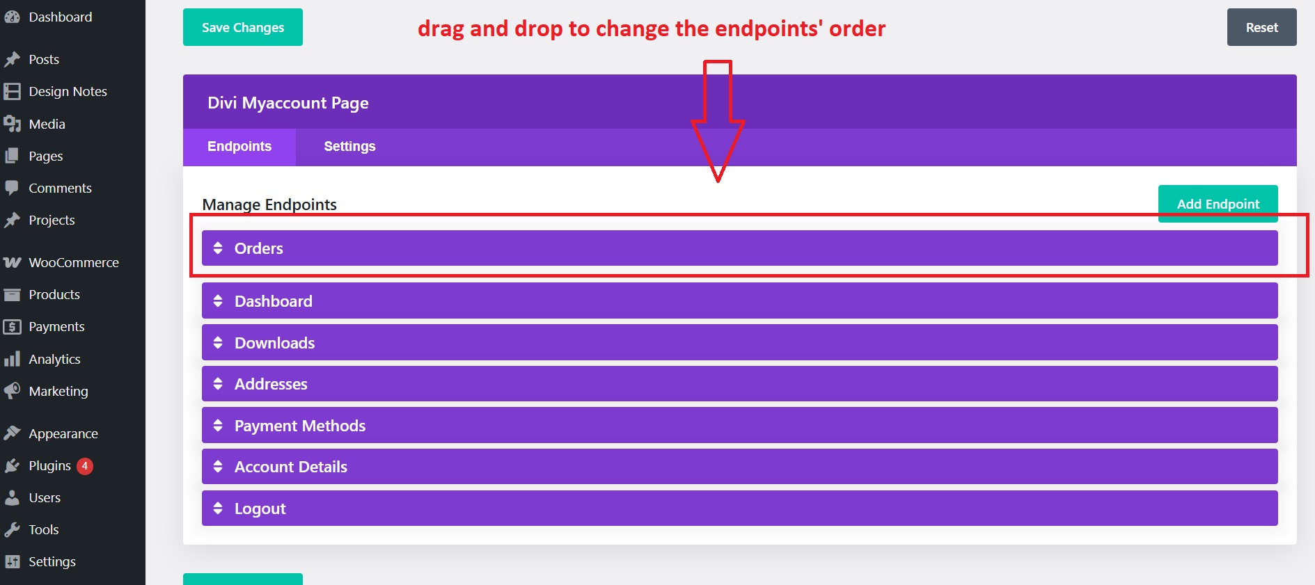 Reorder endpoint Orders set to the top of the menu.