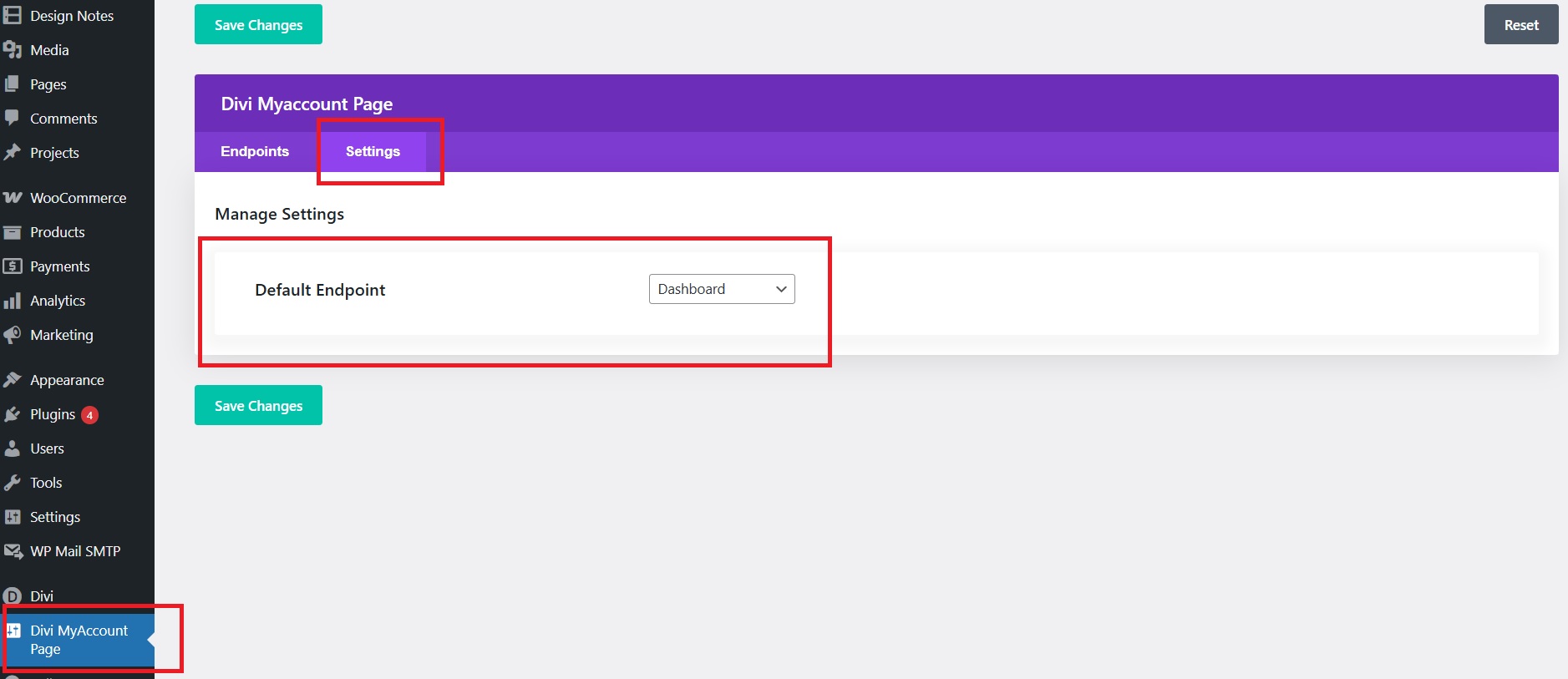 Selecting default endpoint displaying on My Account Page.