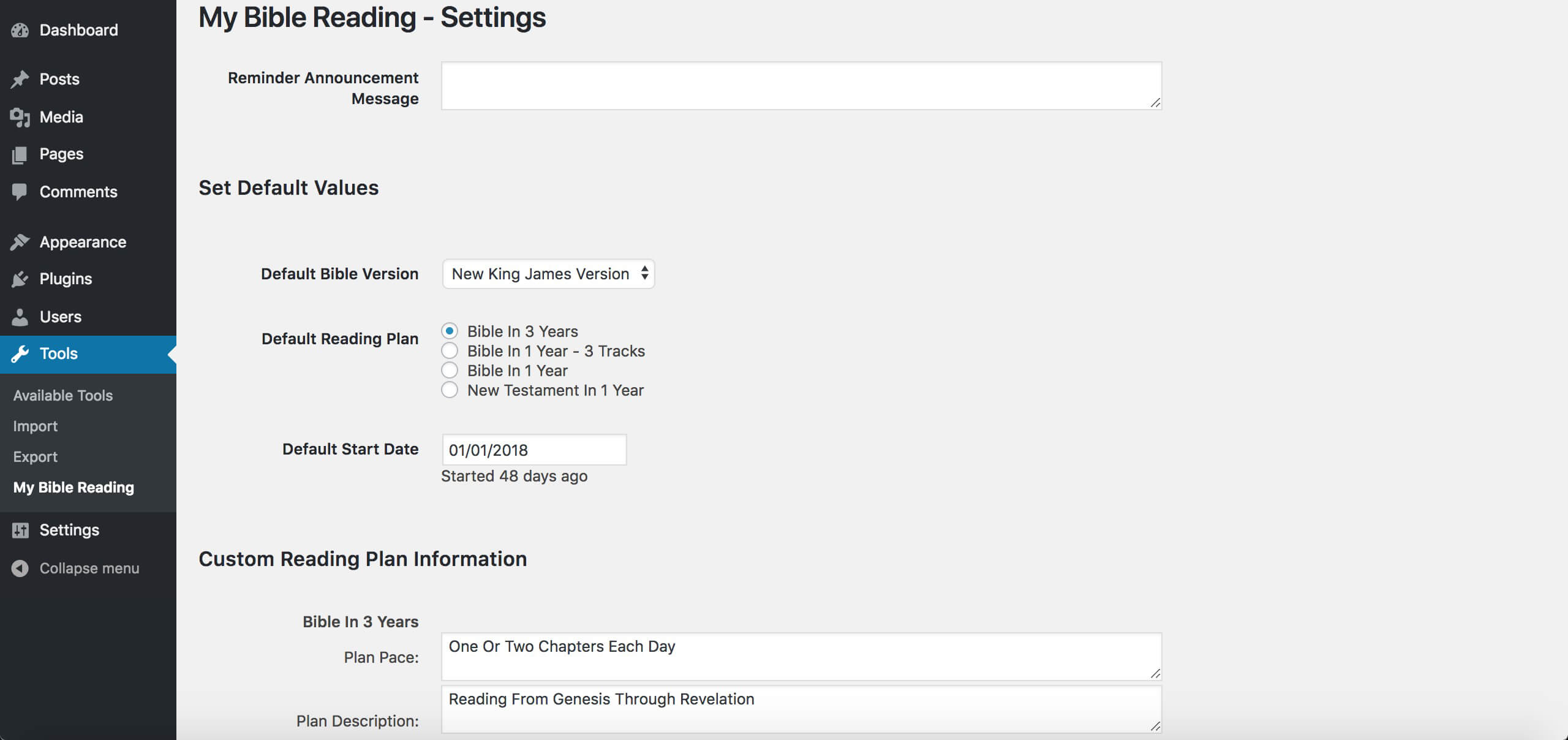 My Bible Reading Plugin Settings Page