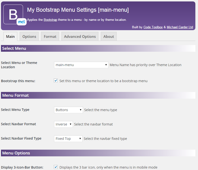 The main settings page, showing the list of menus and the main tabs