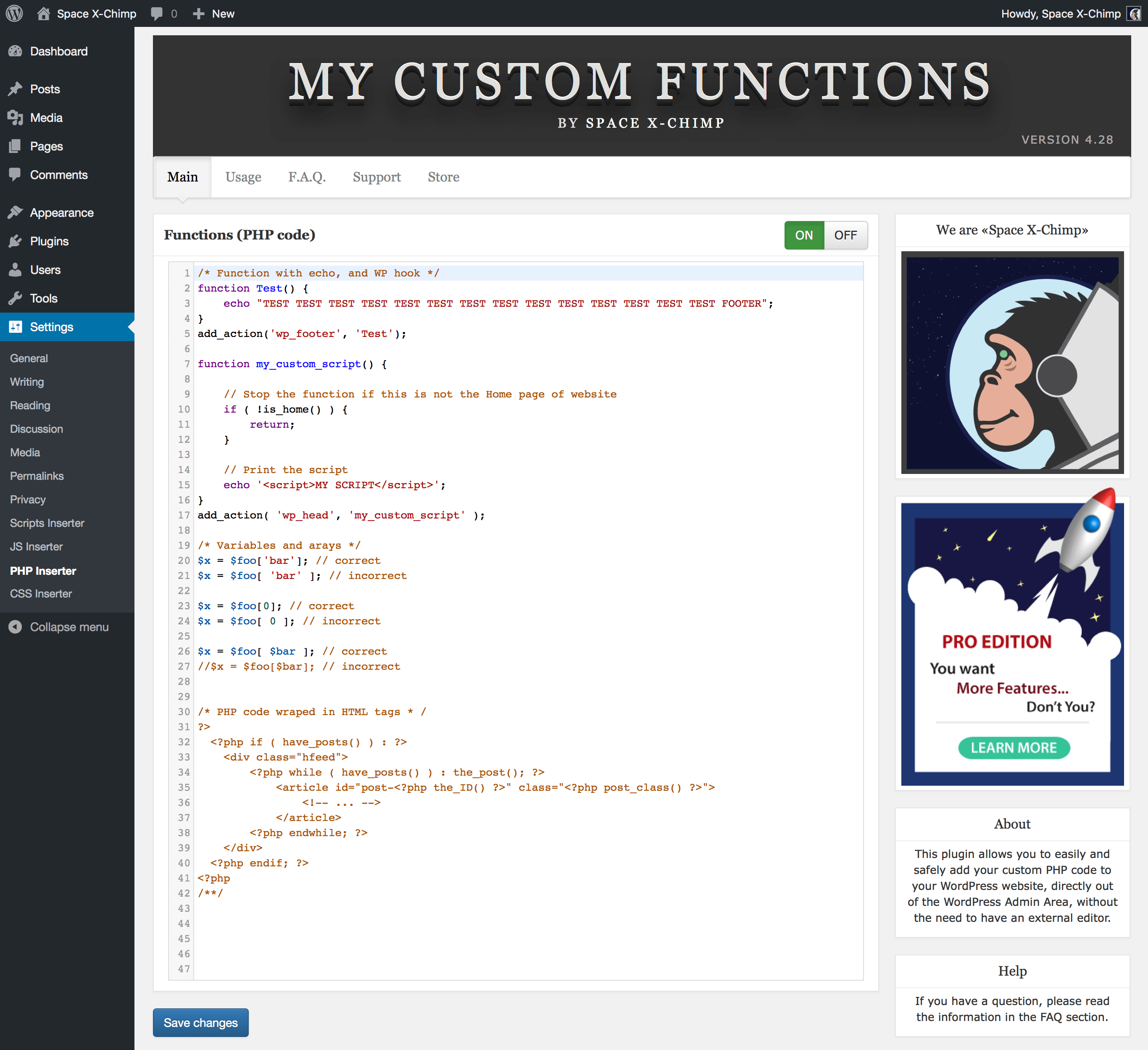 Plugin page with custom PHP code added.