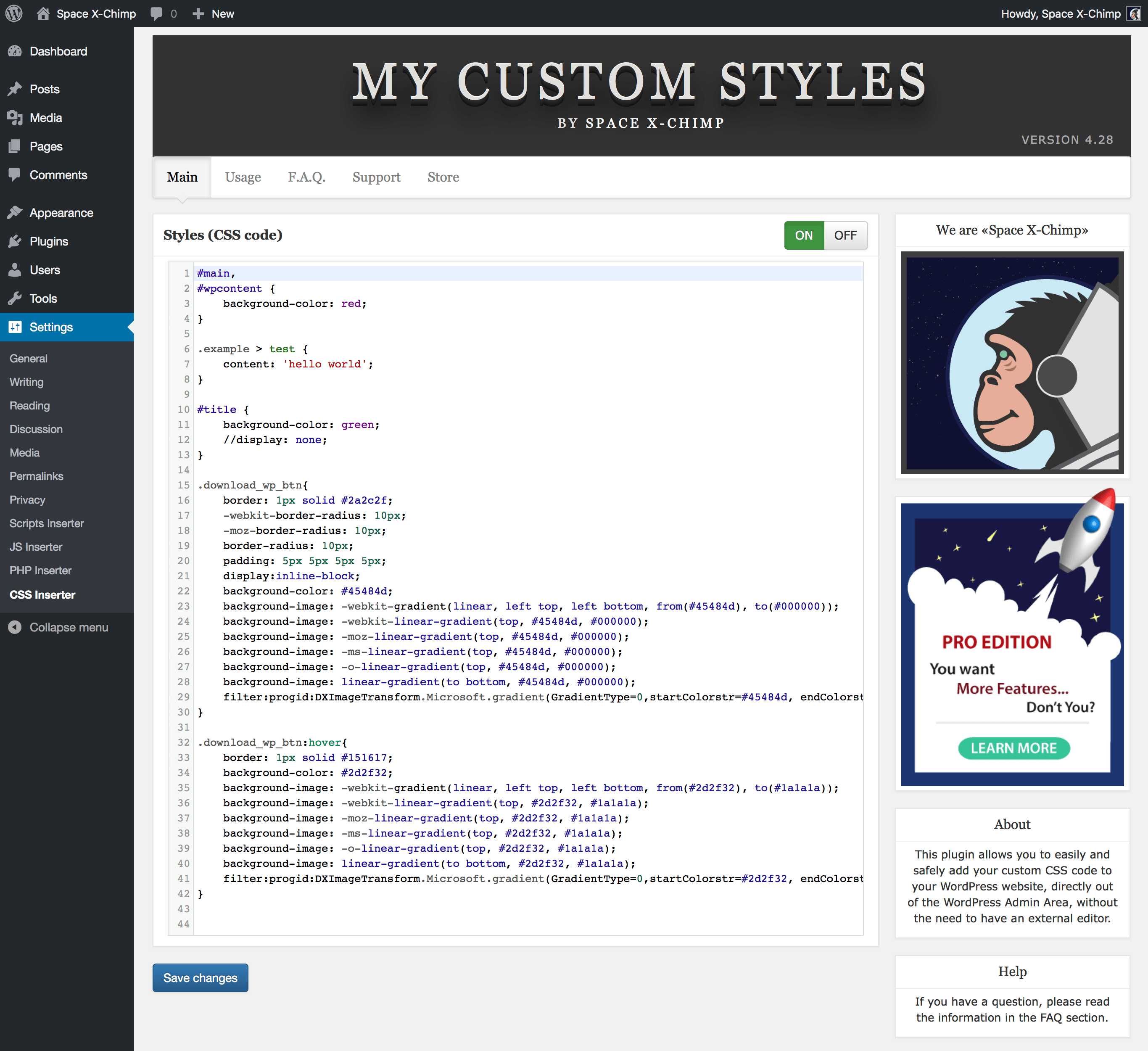 Plugin page with custom CSS code added.