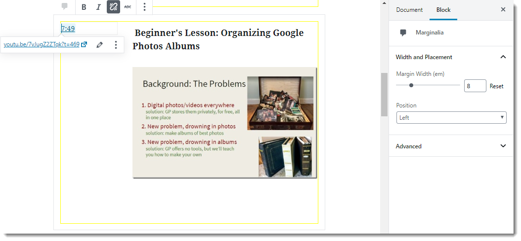 Formatting a note to be displayed next to an associated set of content blocks within the Marginalia wrapper.
