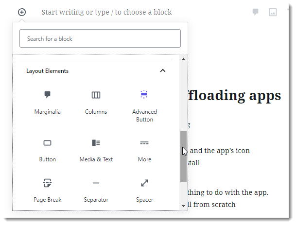 The Marginalia block appears on the Layouts tab in Gutenberg.