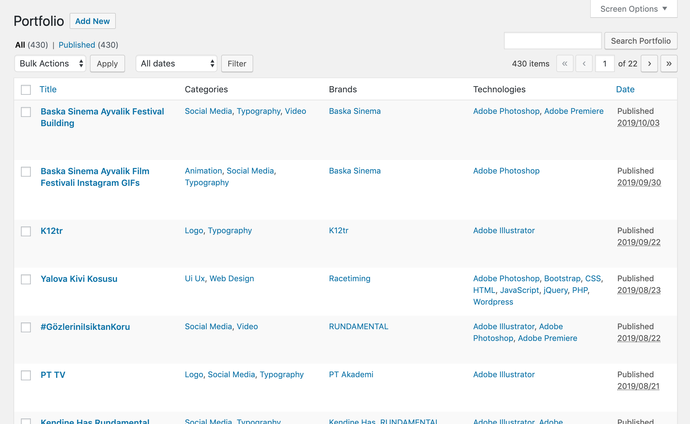 Portfolio posts in Admin