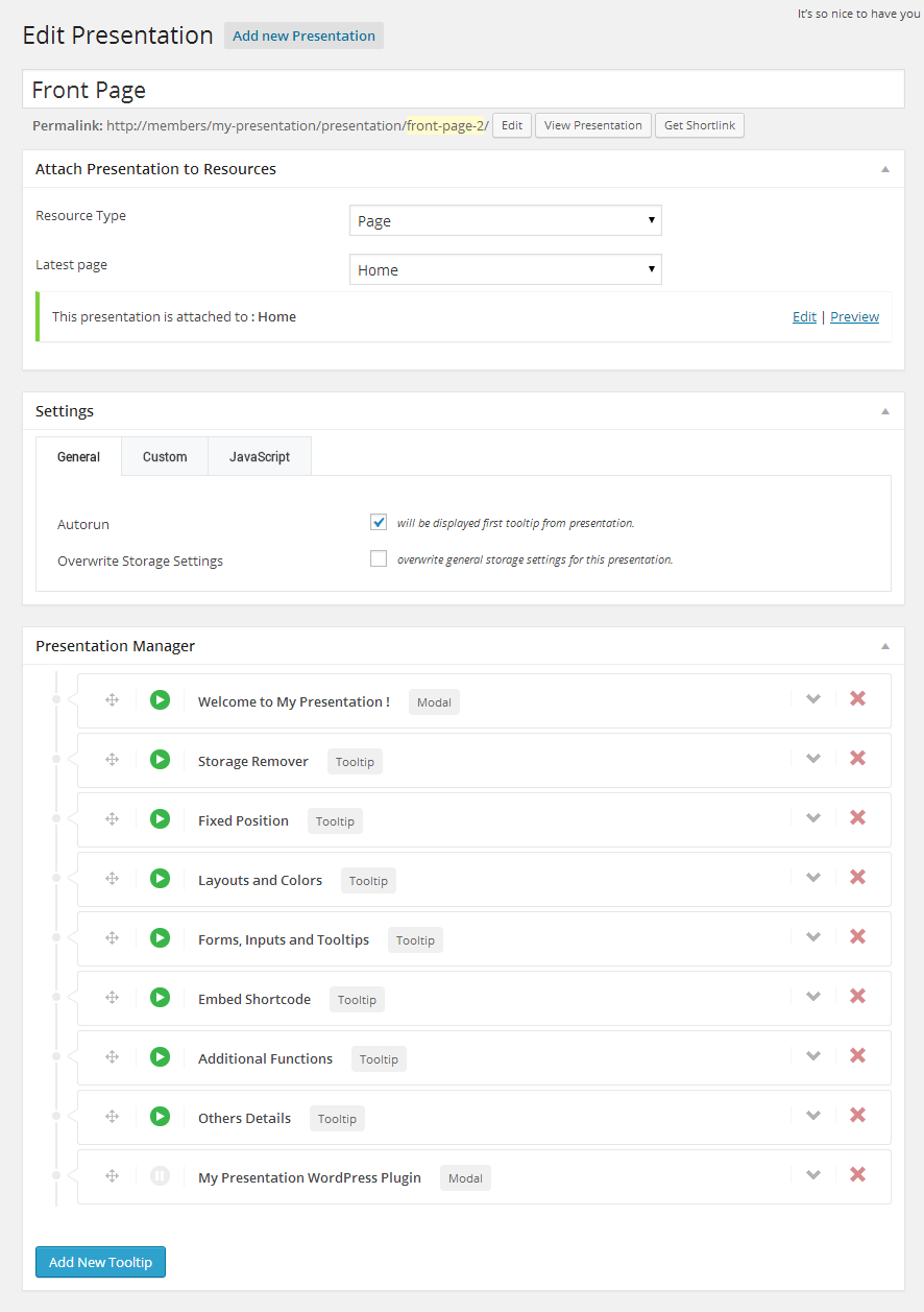 Custom post Presentation with meta boxes ( Attach Presentation, Settings, Presentation Builder ).