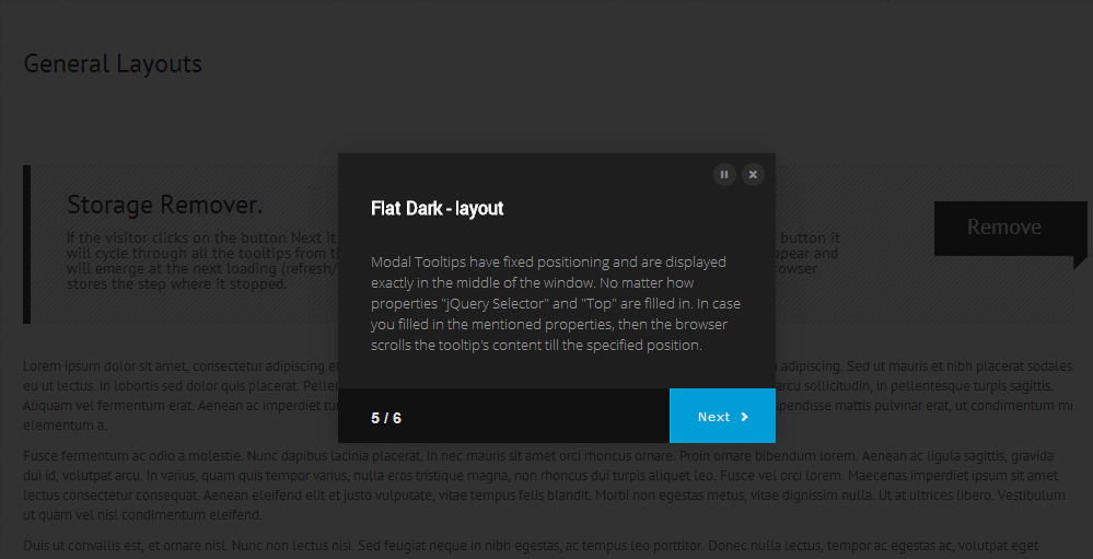 Preview Modal Tooltip with "Flat Dark - Blue" layout.