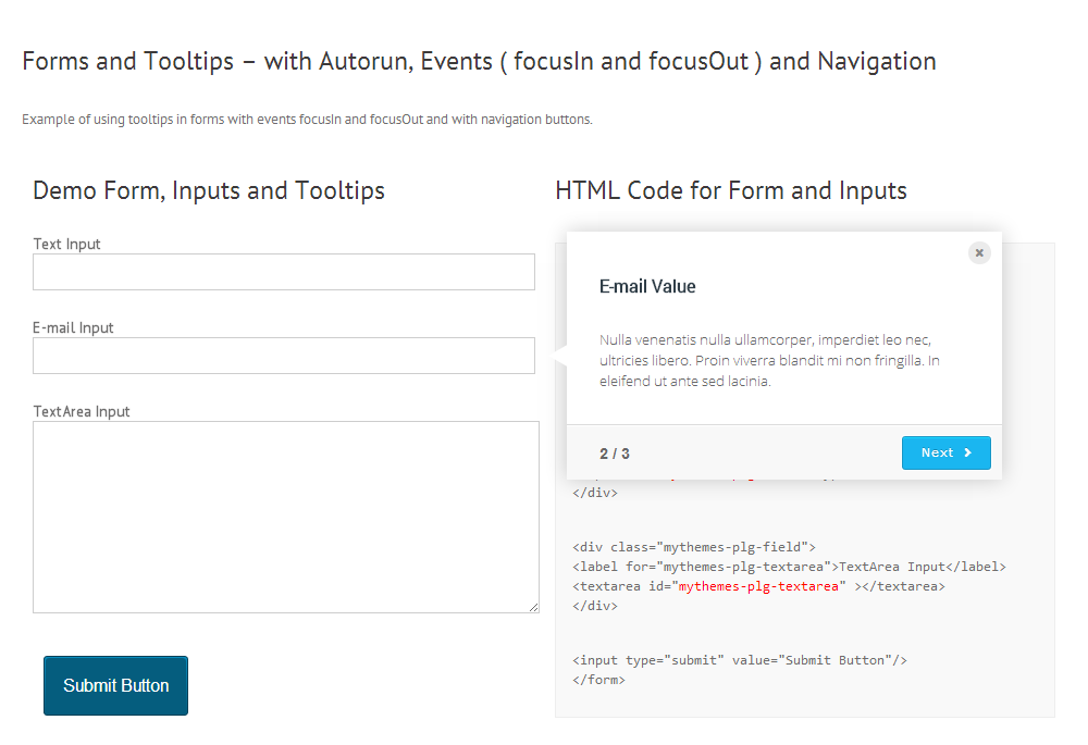 Inputs & Tooltip with - events and navigation.
