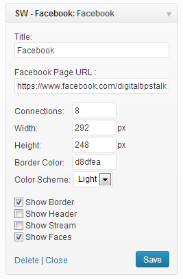 Screenshot Facebook Widget Settings