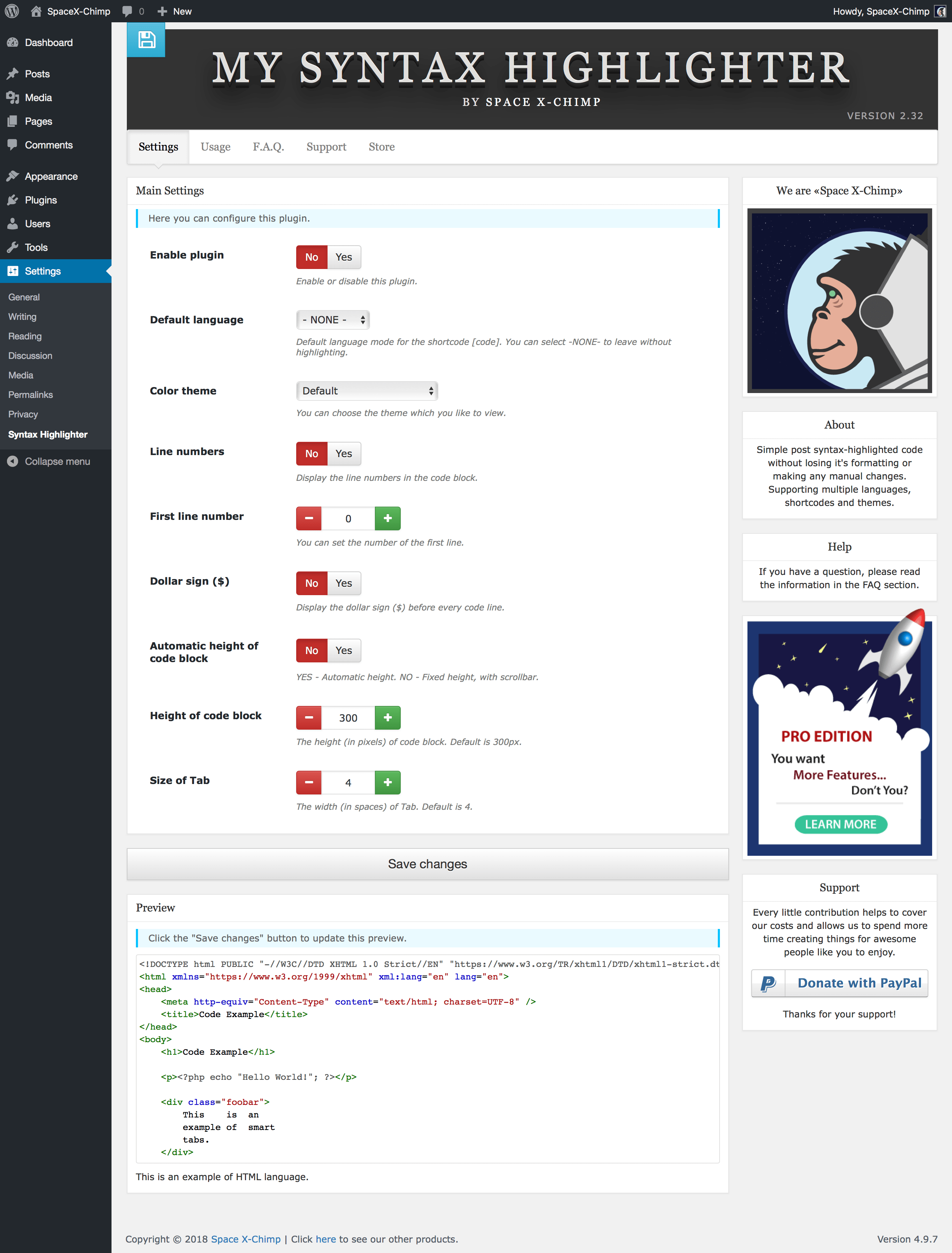Plugin settings page.
