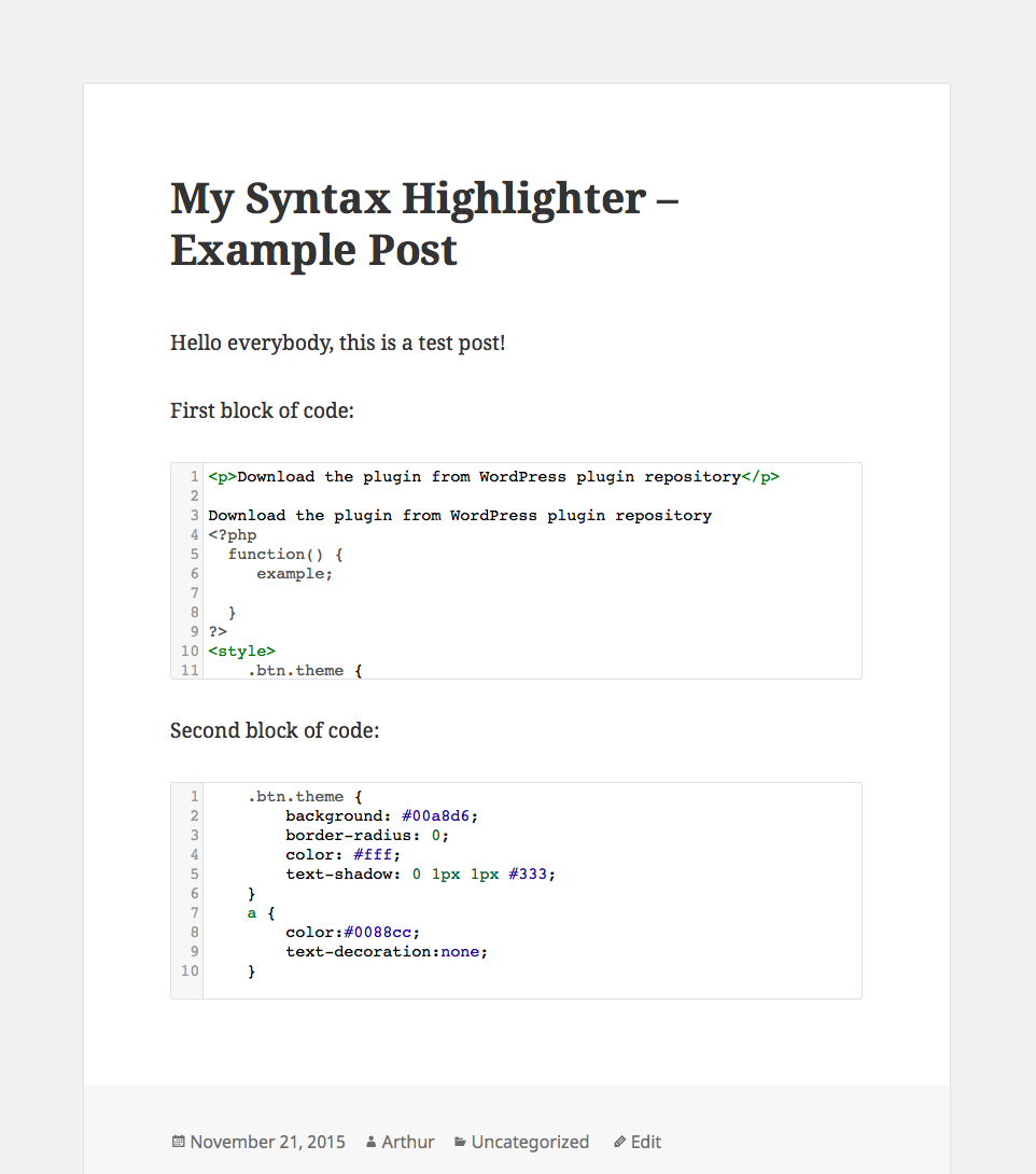 An example of post with added source code and wrapped it in shortcode provided by this plugin. Default theme of highlighter.