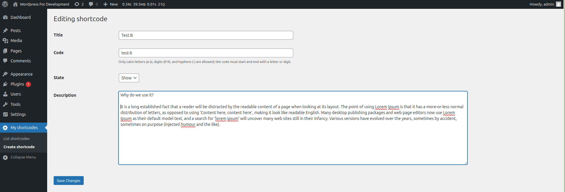 Admin form for creating a new shortcode with name and content fields.
