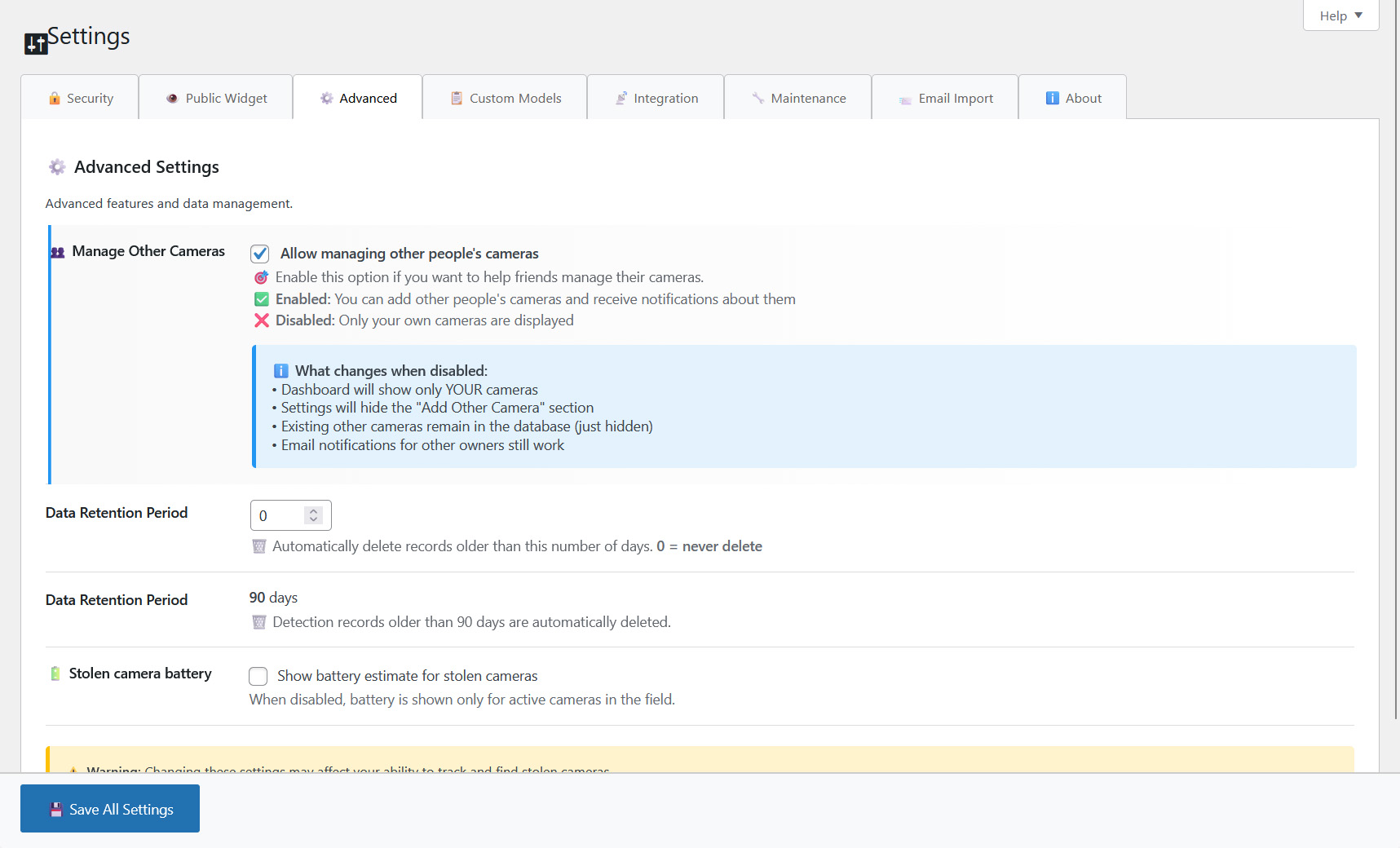 Settings — advanced configuration with tabs for security, public widgets, custom models, integration, maintenance, and email import.