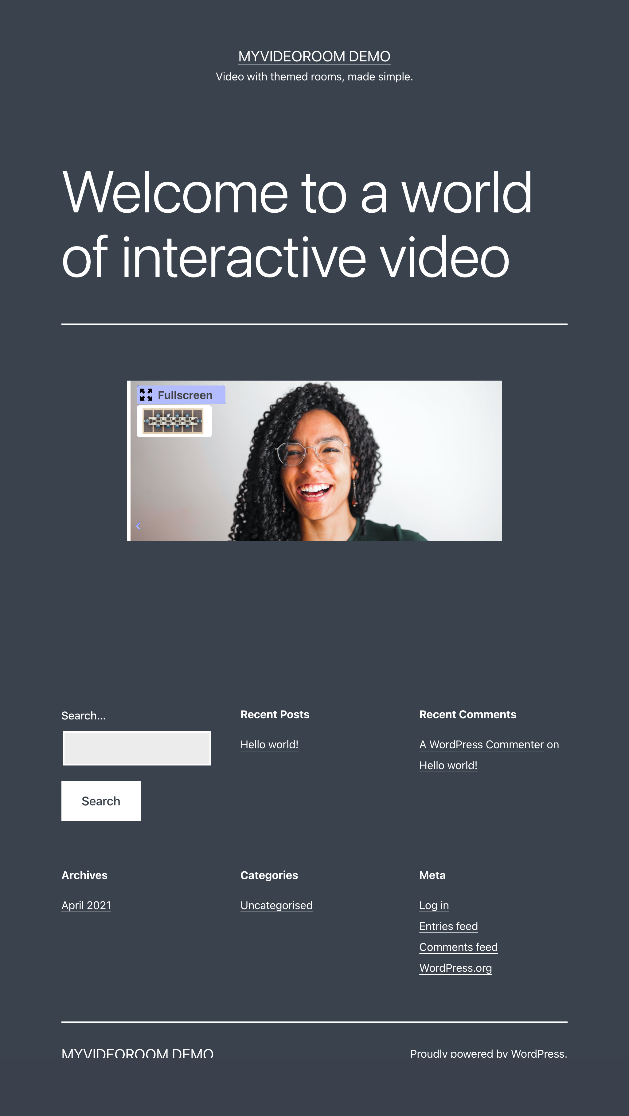 The main video screen embedded into a WordPress page.