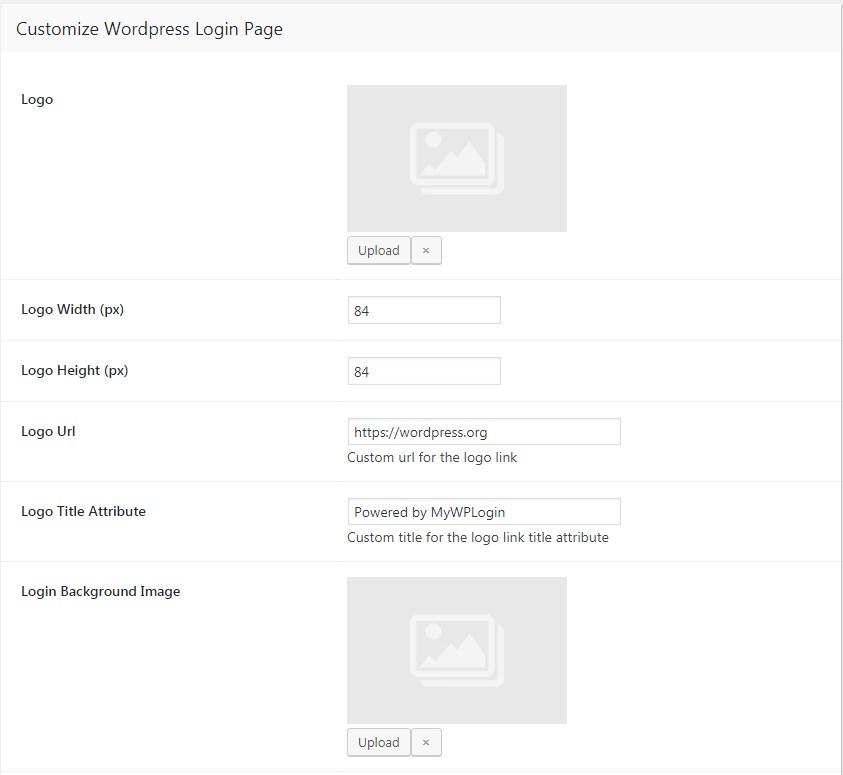 My WP Login options for uploading background image and custom logo. Here yo can add a custom link and title for the logo.