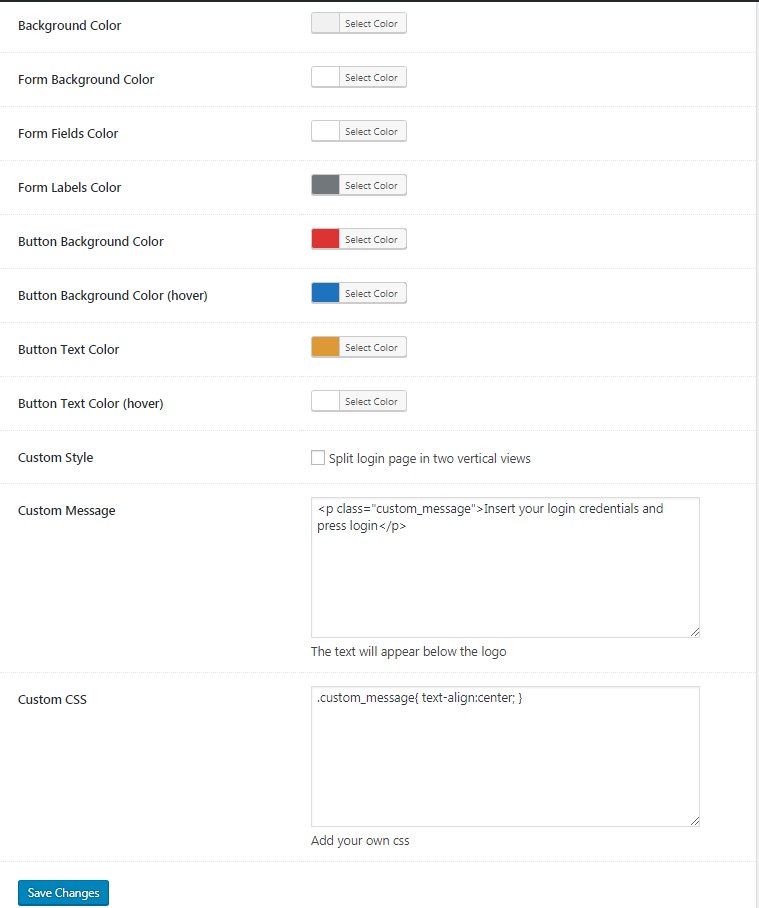 Options that offers My WP Login for customizing background colors and colors of login page.