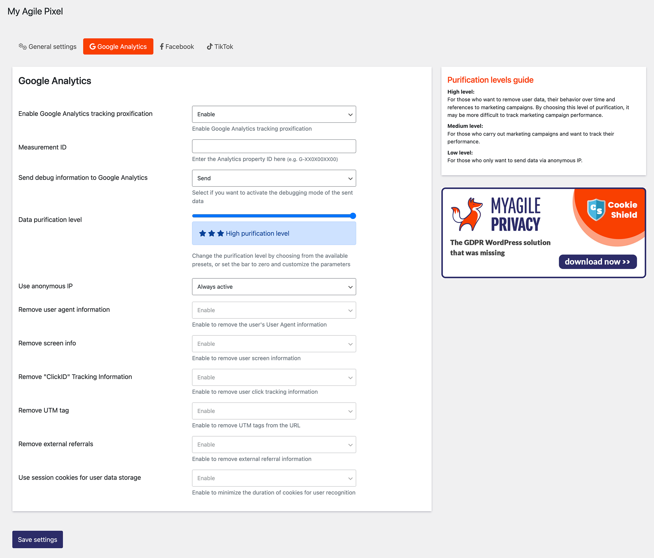 Google Analytics settings