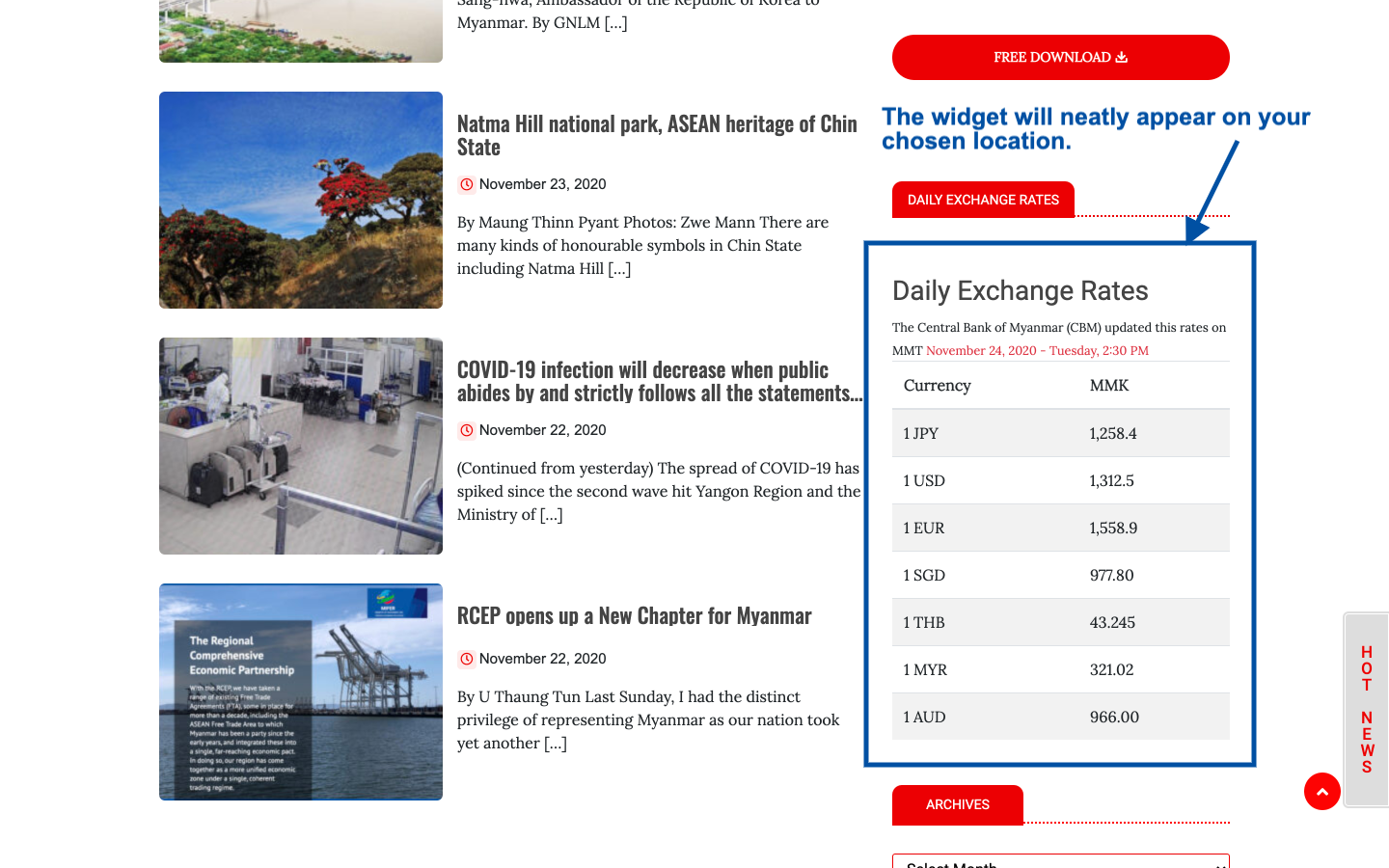 Now, visit your website to see that Myanmar Currency Exchange Rates widget will be neatly appear on the chosen location.