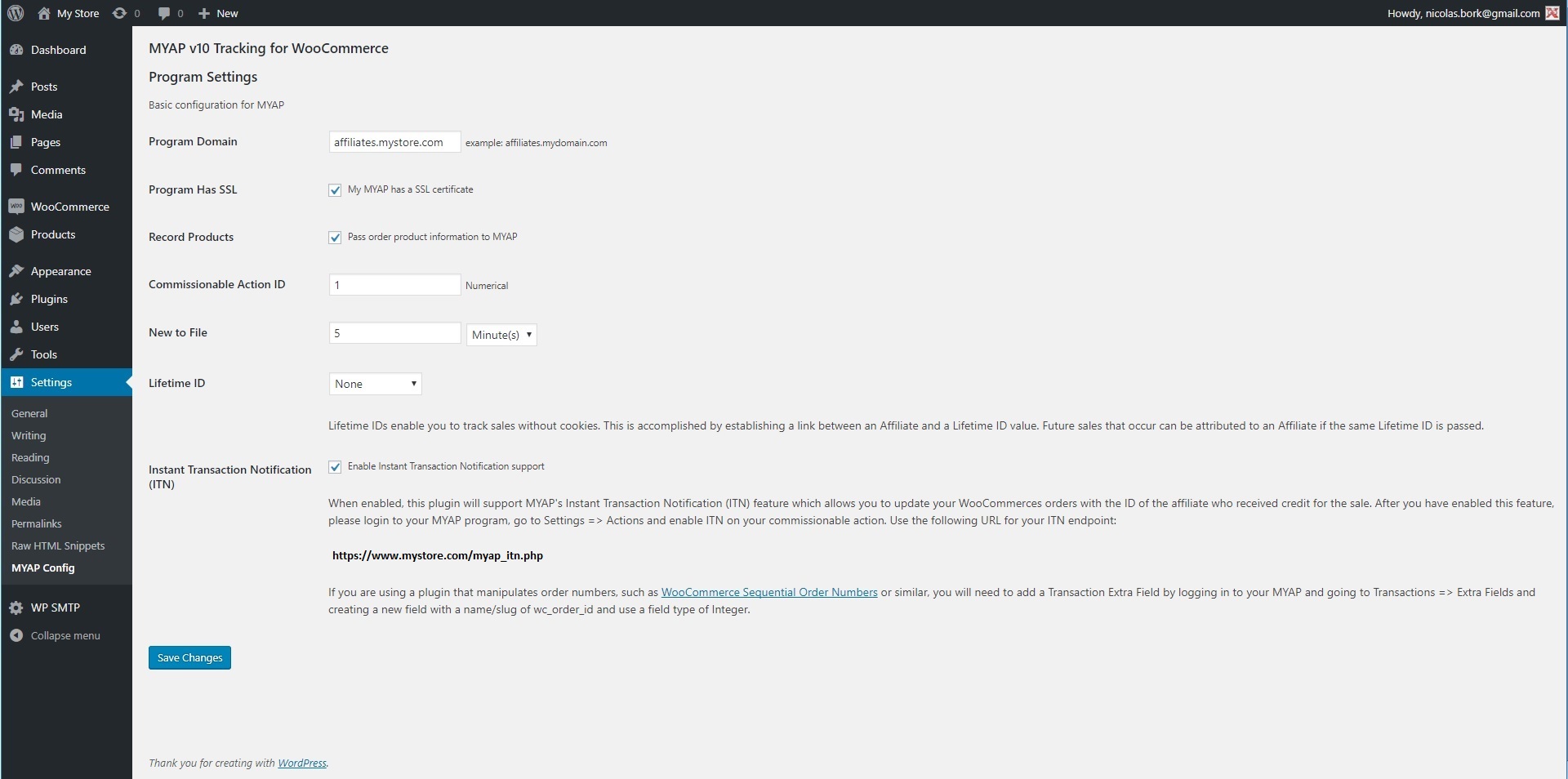 The settings screen where you will configure your integration with MYAP 10.