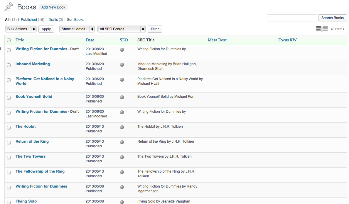The image shows the admin interface for the Books page. This is list or index of all your books. You can arrange the order via drag and drop by clicking on “sort books”.