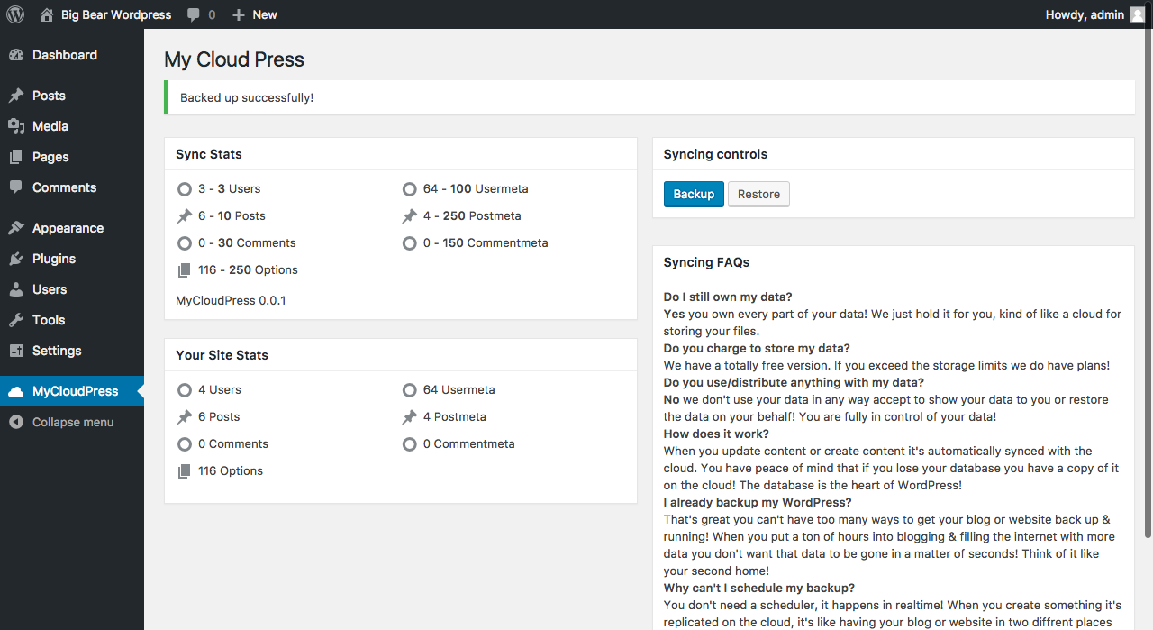 Once the submit a api key & it's validated you can then press the Backup button.