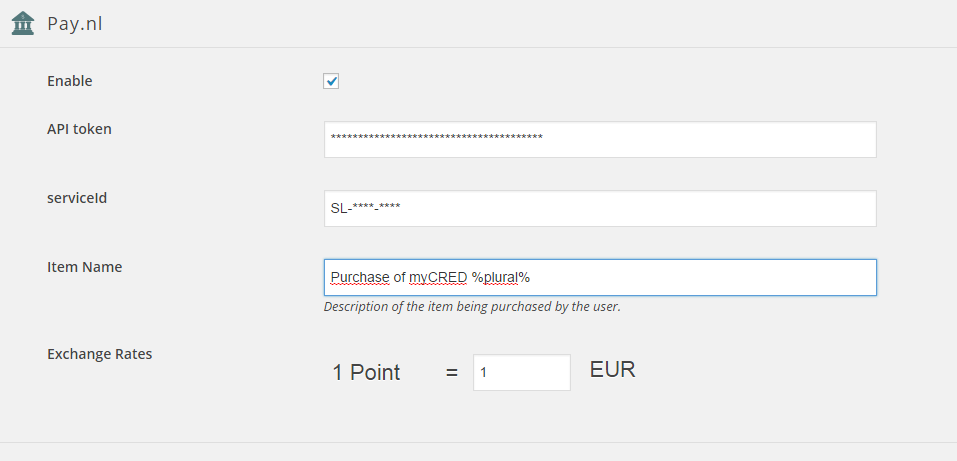 The settings screen for the pay.nl plugin