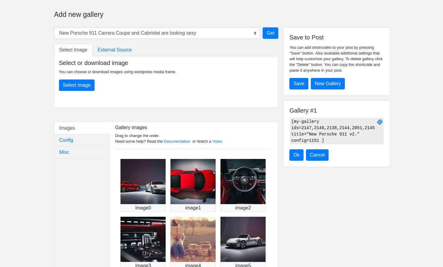 MySliderGallery gallery editing and settings screen.