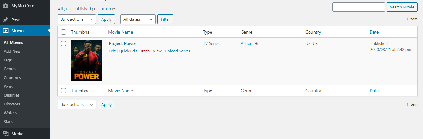 Movies list management and menu for movie