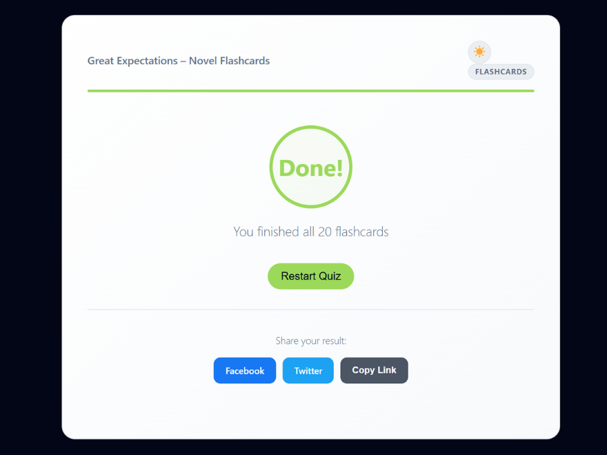 The end-cover summary with viral sharing buttons.