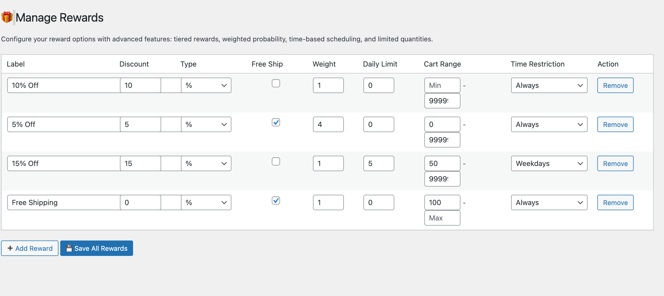 The rewards creation form.
