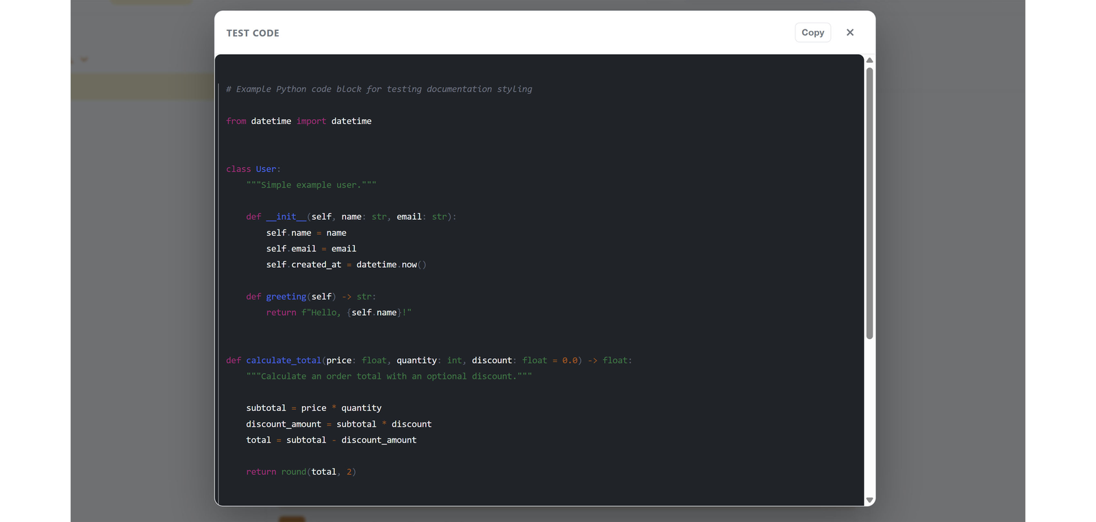 The "View all code" modal, opened from a collapsed code block.