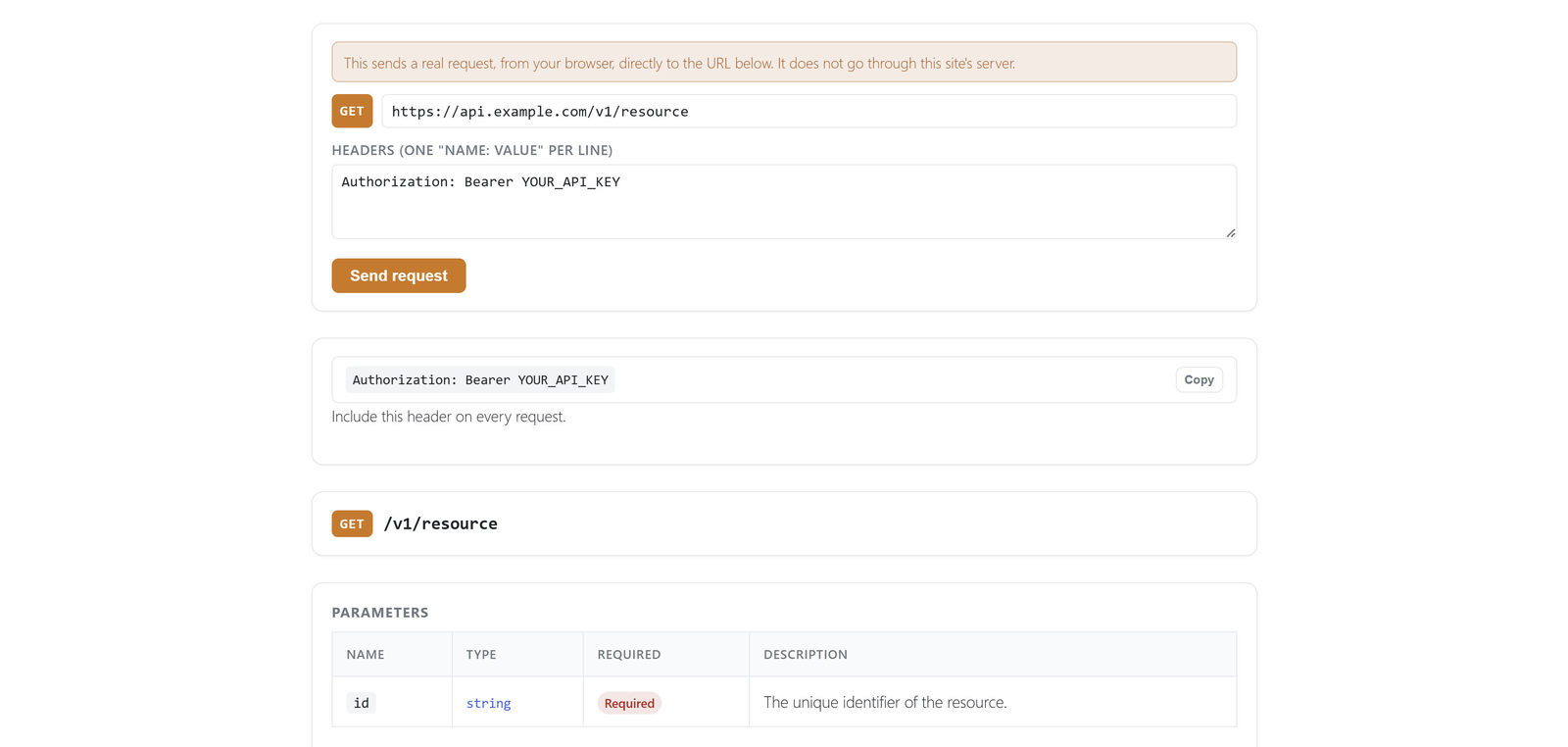 The Try It Console alongside Authentication, Endpoint, and Parameters blocks.