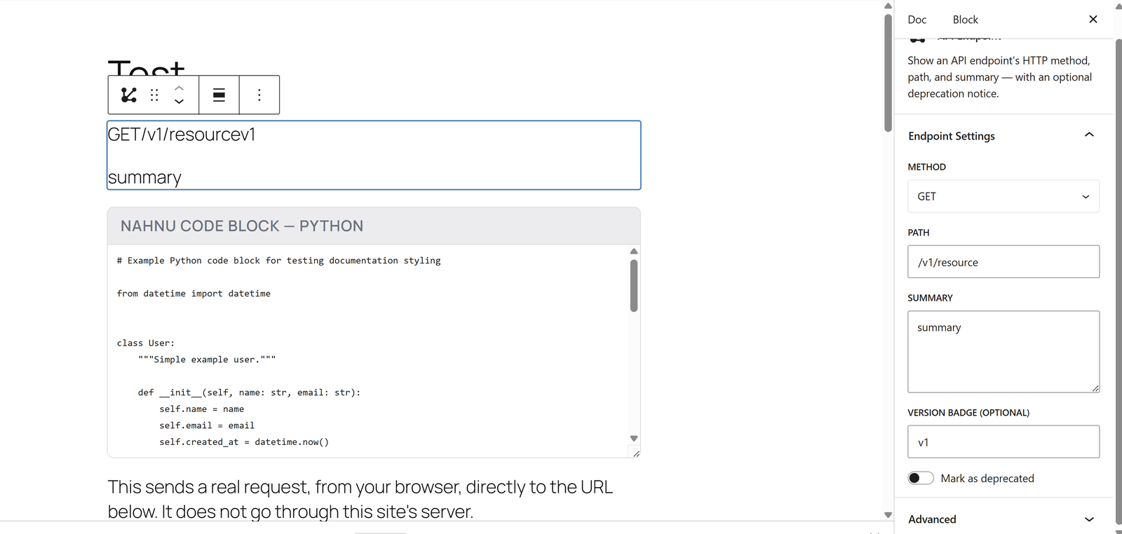 Editing an Endpoint block's settings in the block editor.
