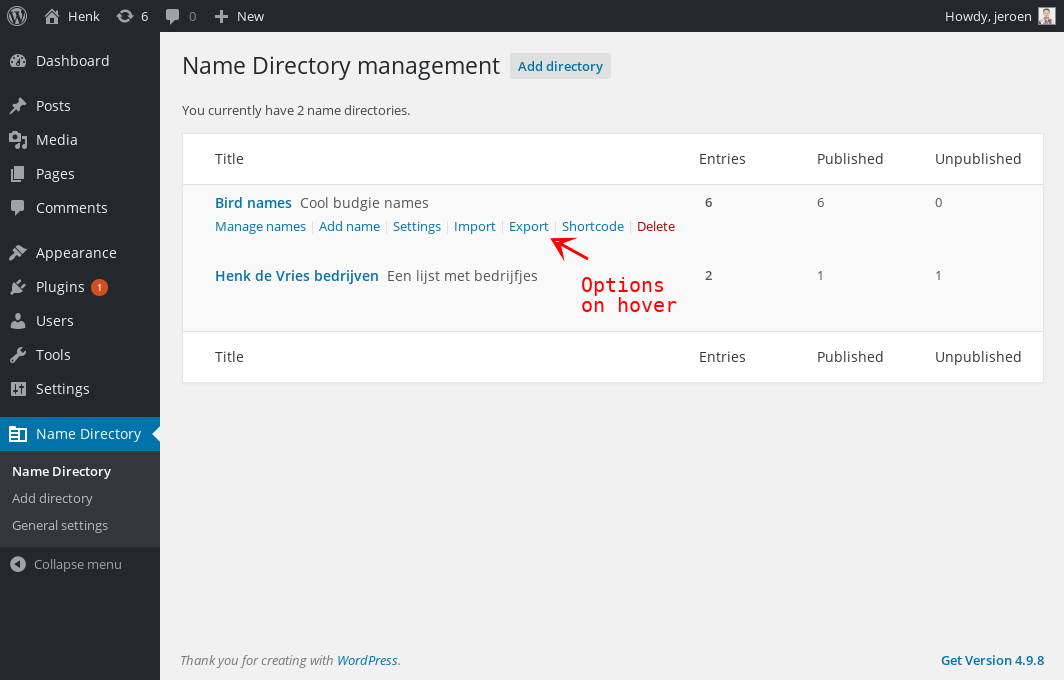 Overview of all the name directories in the WordPress Administration screen for this plugin