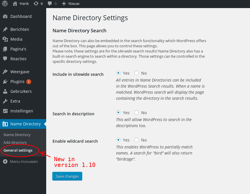 Overview of the new General Settings page, which allows you to embed search results from Name Directory in your WordPress site search and since v1.14.1 also to enable the HTML editor